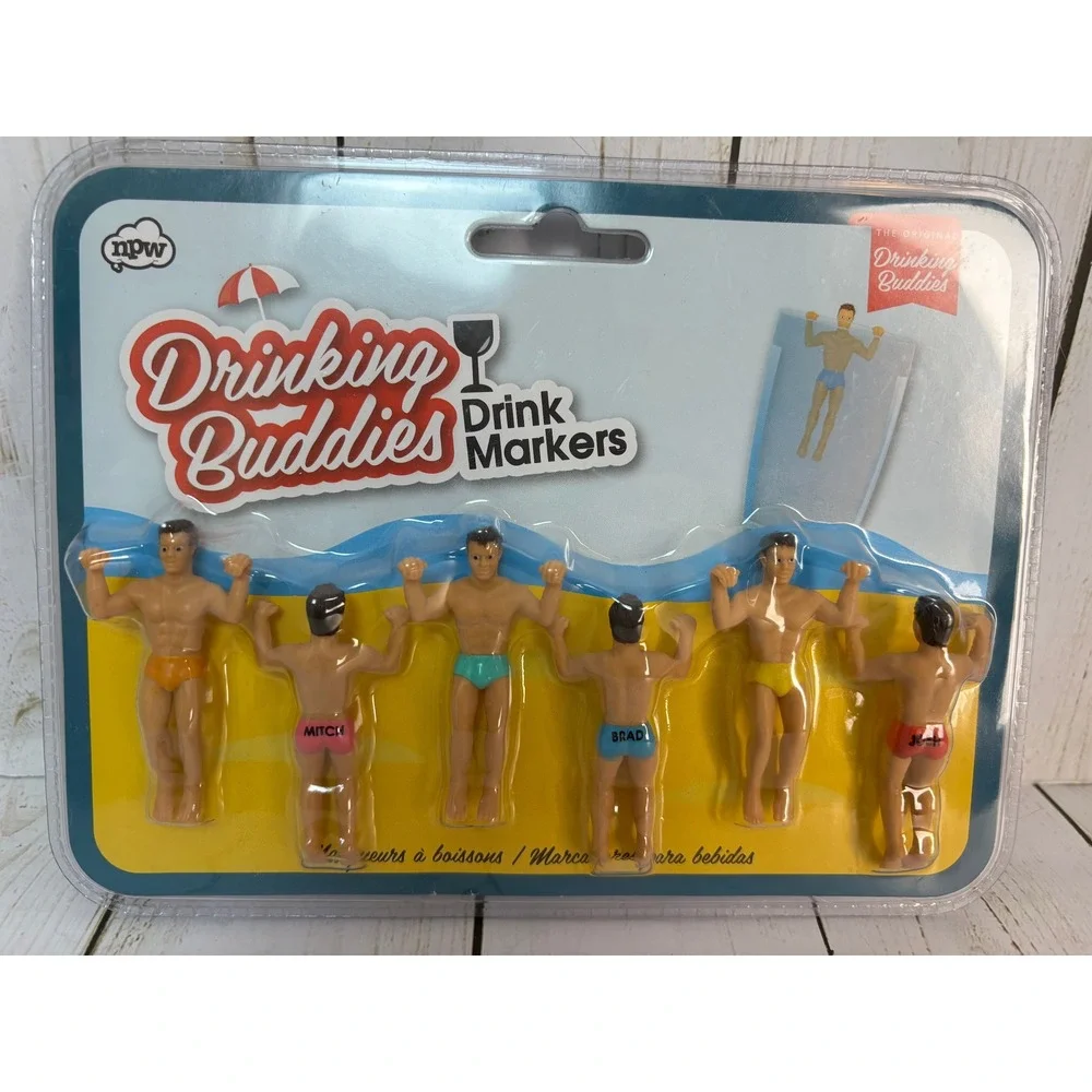 NPW Drinking Buddies Drink Markers Set of 6 Novelty Glass Charms Party Accessory